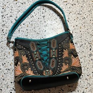 Montana West Embroidered Black and Teal Handbag conceal carry